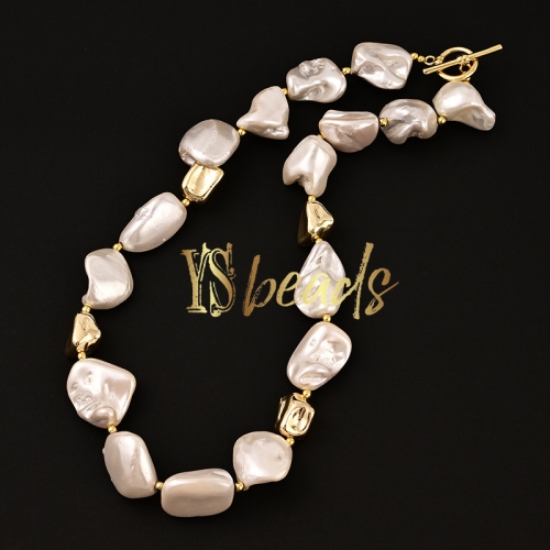 White Shell Pearl Fancy Shape Knotted Necklace, Approx 45cm Length