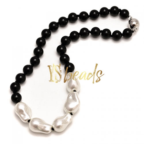 White Shell Pearl Nugget& Black AgateRound Knotted Necklace, Approx 45cm Length