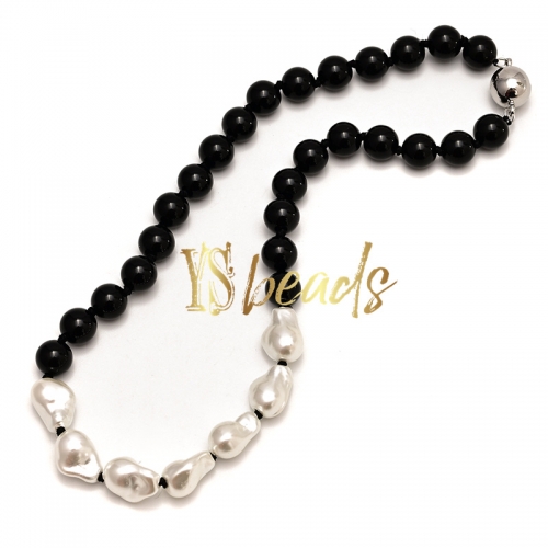White Shell Pearl Nugget& Black AgateRound Knotted Necklace, Approx 45cm Length