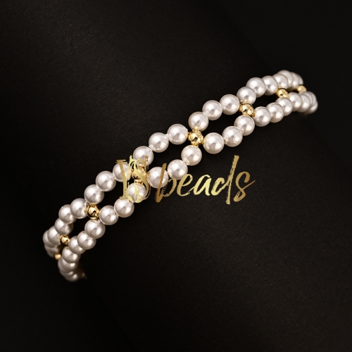 White Shell Pearl Double Layer Round Bracelet, Approx 20cm Length