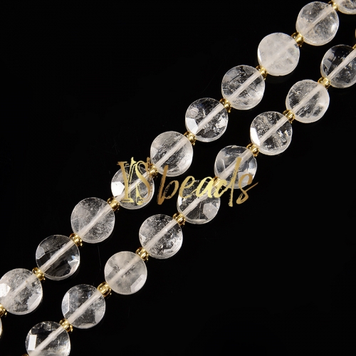 Clear Quartz Faceted Coin Beads, Approx 10mm