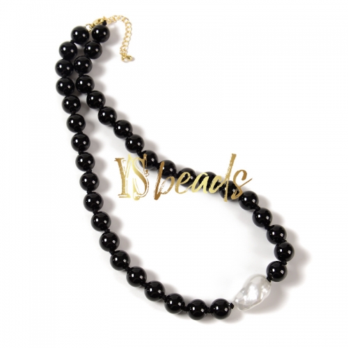 Black Agate Knotted Adjustable Necklace With White Shell Beads, Approx 10mm