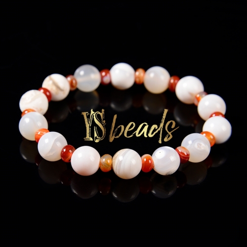 Red/White Color Agate Round Elastic Bracelet, Approx 10mm