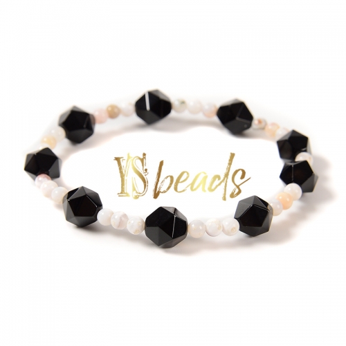 Black/White Color Agate Round Elastic Bracelet, Approx 4&10mm