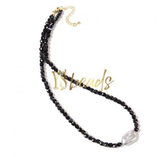 Mixed Agate Rondelle Adjustable Necklace With White Shell Beads, Approx 3x4mm