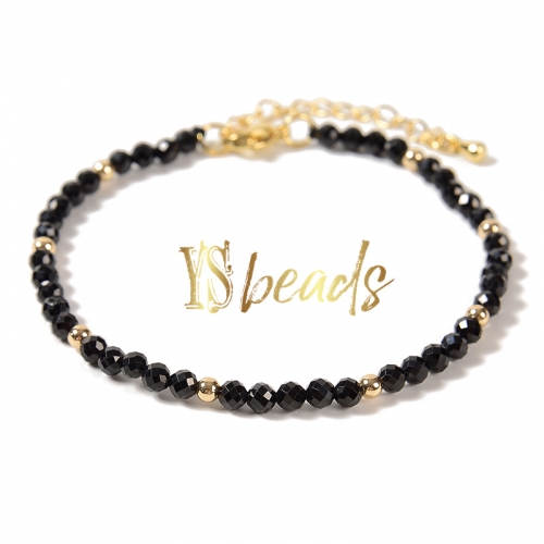 Black Agate Faceted Round Adjustable Bracelet, Approx 3mm