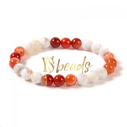 Red/White Color Agate Round Elastic Bracelet, Approx 8mm