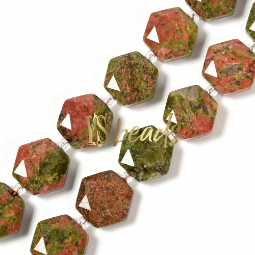Unakite Star-cut Hexagonal Flat Beads, Approx 12mm