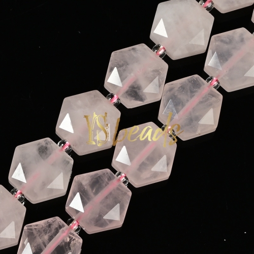 Rose Quartz Star-cut Hexagonal Flat Beads, Approx 12mm