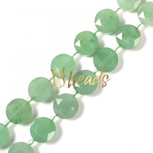 Green Aventurine Faceted Hexagonal Cut Coin Beads, Approx 10mm