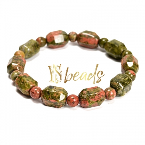 Unakite Faceted Bead Adjustable Bracelet, Approx 10x14mm