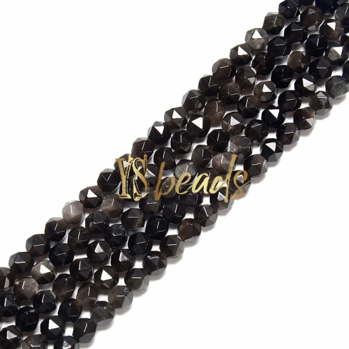 Silver Obsidian Diamond Cut Beads, Approx 6-10mm