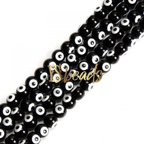 Black Glass with White Devil Eye Round Beads. Approx 4-8mm