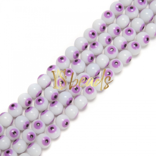 White Glass with Purple Devil Eye Round Beads. Approx 4-8mm