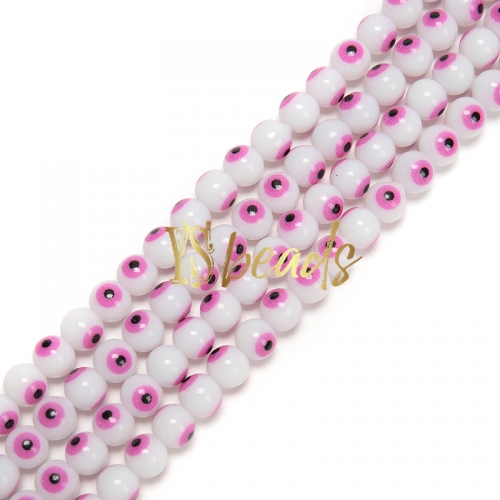 White Glass with Pink Devil Eye Round Beads. Approx 4-8mm