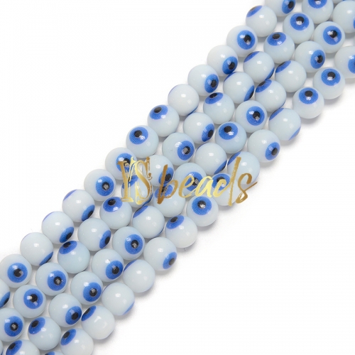White Glass with Blue Devil Eye Round Beads. Approx 4-8mm