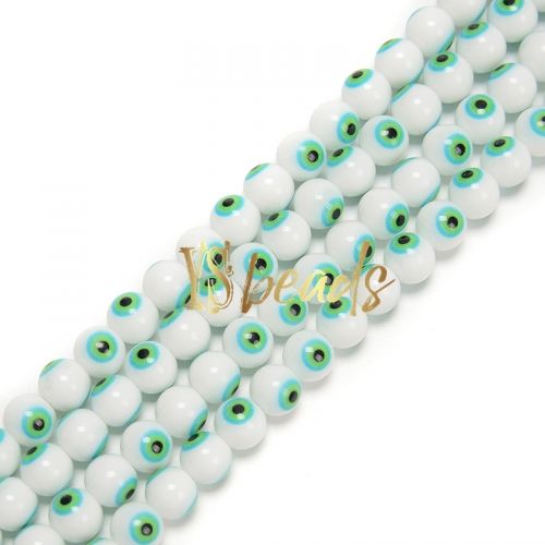 White Glass with Green Devil Eye Round Beads. Approx 4-8mm