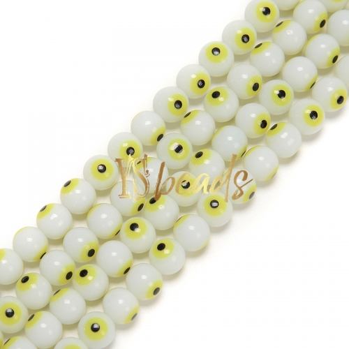 White Glass with Yellow Devil Eye Round Beads. Approx 4-8mm