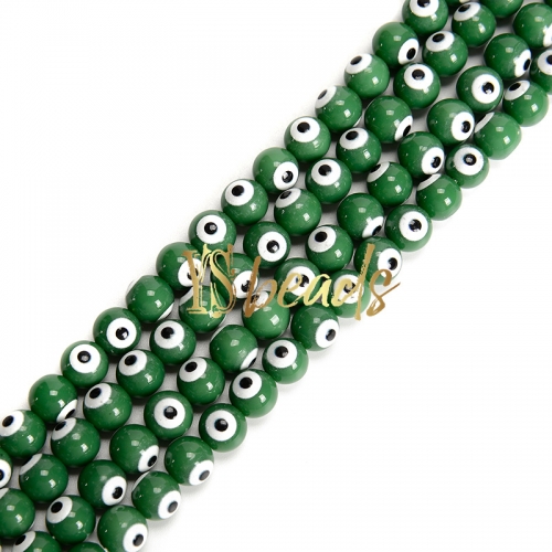 Dark Green Porcelain Glass with White Devil Eye Round Beads. Approx 4-8mm