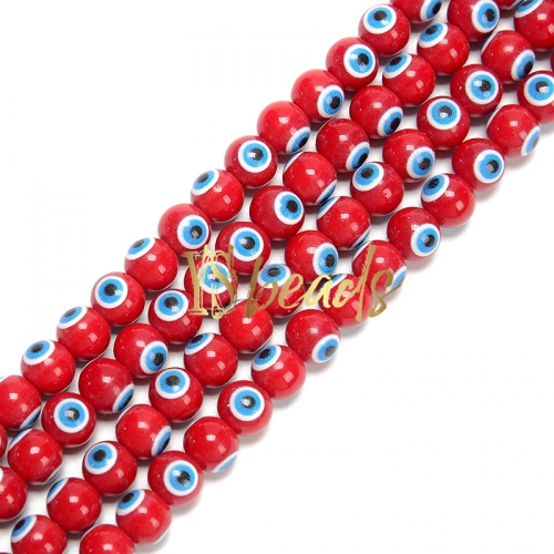 Red Porcelain Glass with Blue Devil Eye Round Beads. Approx 4-8mm