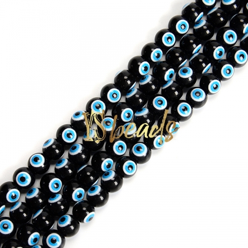 Black Glass with Blue Devil Eye Round Beads. Approx 4-8mm