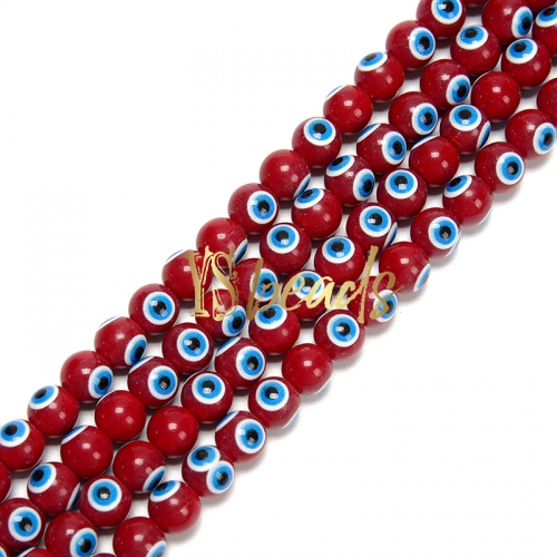 Dark Red Porcelain Glass with Blue Devil Eye Round Beads. Approx 4-8mm