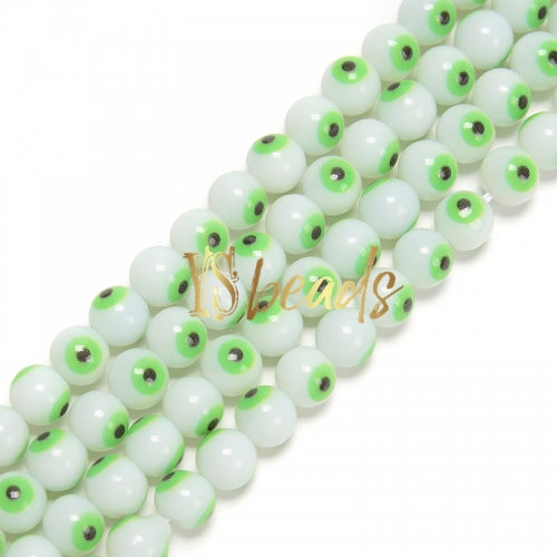 White Glass with Green Devil Eye Round Beads. Approx 4-8mm