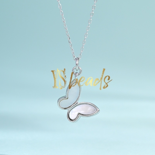 Rhodium Plated S925 Sterling Silver Shell Butterfly Necklace, Approx 12mm Customized Order