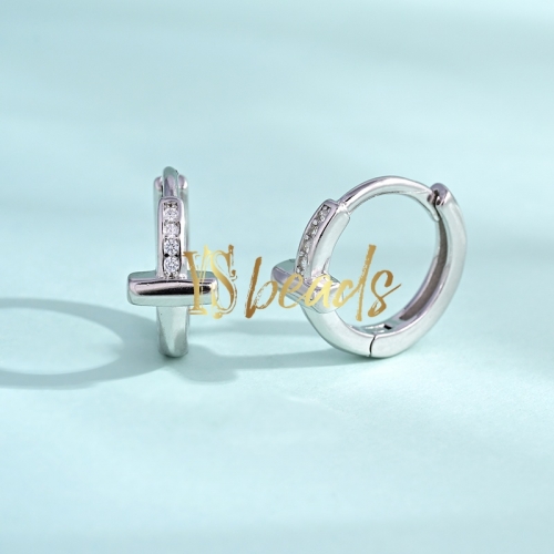 Rhodium Plated S925 Sterling Silver CZ Cross Earing, Approx 13mm, Customized Order