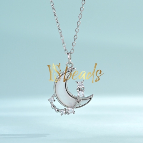 Rhodium Plated S925 Sterling Silver CZ Moon&Star Necklace, Approx 12.7mm, Customized Order