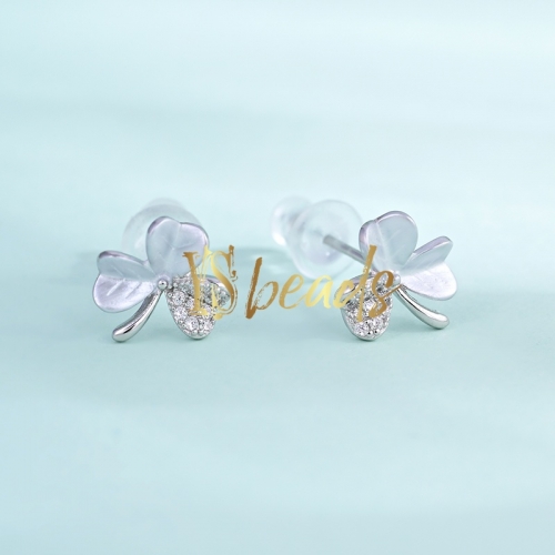 Rhodium Plated S925 Sterling Silver CZ Clover Stud, Approx 8.5mm, Customized Order