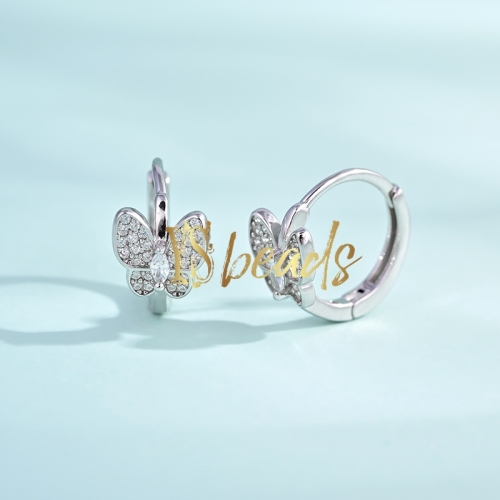 Rhodium Plated S925 Sterling Silver CZ Butterfly Earing, Approx 13mm, Customized Order