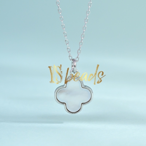Rhodium Plated S925 Sterling Silver Shell Four Clover Necklace, Approx 10mm Customized Order