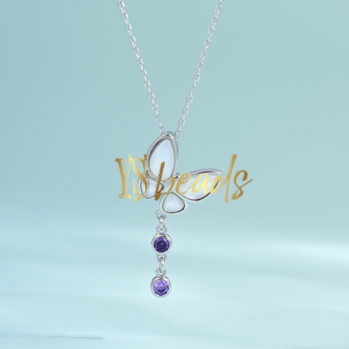 Rhodium Plated S925 Sterling Silver CZ Butterfly Necklace, Approx 12.7mm, Customized Order