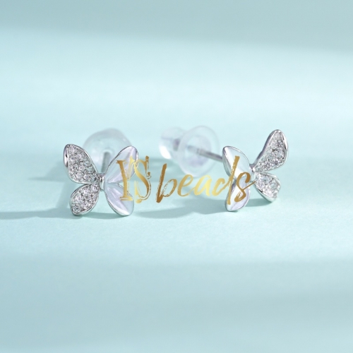 Rhodium Plated S925 Sterling Silver CZ Butterfly Stud, Approx 6.8x7.5mm, Customized Order