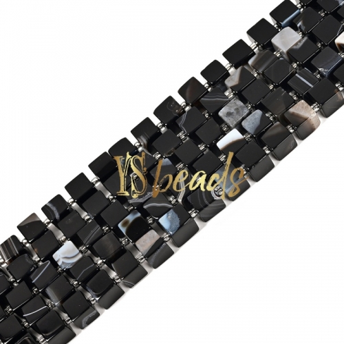 White Stripe Black Agate Cube Beads. Approx 8mm