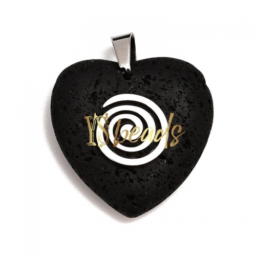 Black Lava Heart Pendant with Stainless Steel Charm. Approx 28mm