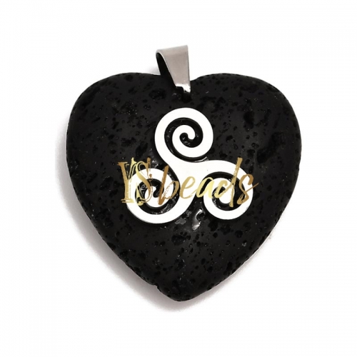 Black Lava Heart Pendant with Stainless Steel Charm. Approx 28mm