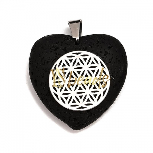 Black Lava Heart Pendant with Stainless Steel Charm. Approx 28mm