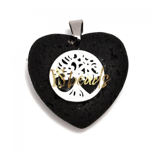 Black Lava Heart Pendant with Stainless Steel Charm. Approx 28mm