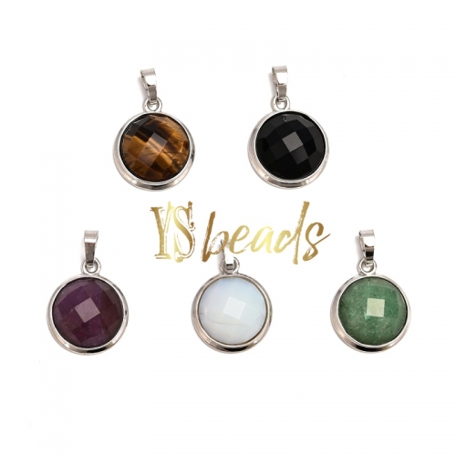Gemstone Faceted Round Pendant with Brass Edge. Approx 19mm
