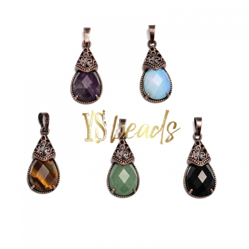 Gemstone Faceted Pear Pendant with Antique Brass Color Edge. Approx 15x31mm