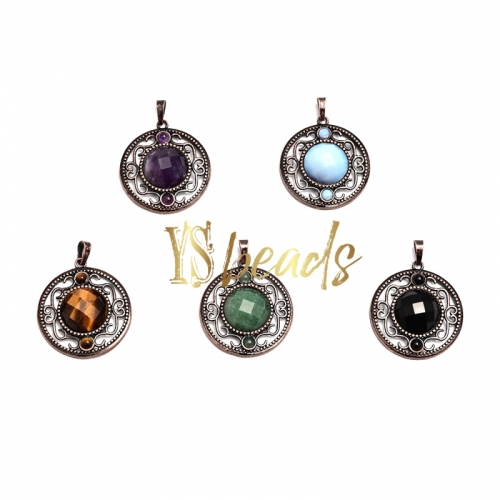 Gemstone Faceted Round Pendant with Antique Brass Color Edge. Approx 33mm