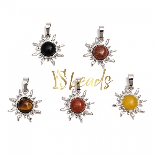 Gemstone Round Pendant with Alloy Sun Shape. Approx 22mm