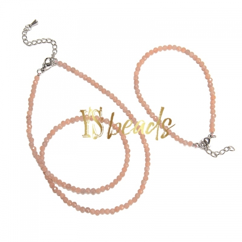 Sunstone Faceted Round 3mm Bead Jewelry Set, Necklace, Bracelet