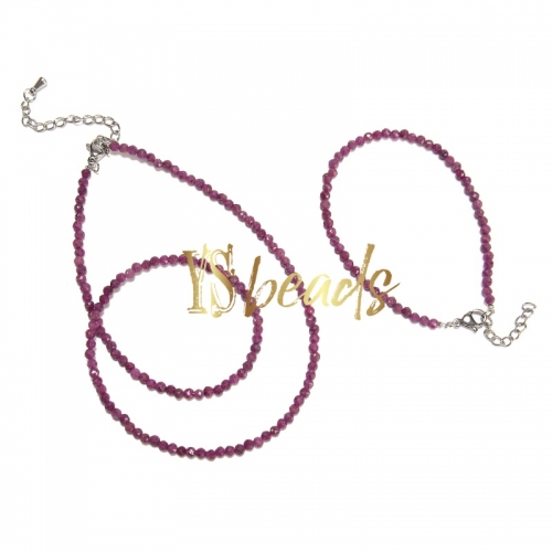 Ruby Faceted Round 3mm Bead Jewelry Set, Necklace, Bracelet