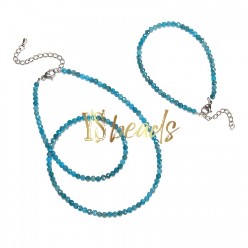 A Grade Apatite Faceted Round 3mm Bead Jewelry Set, Necklace, Bracelet