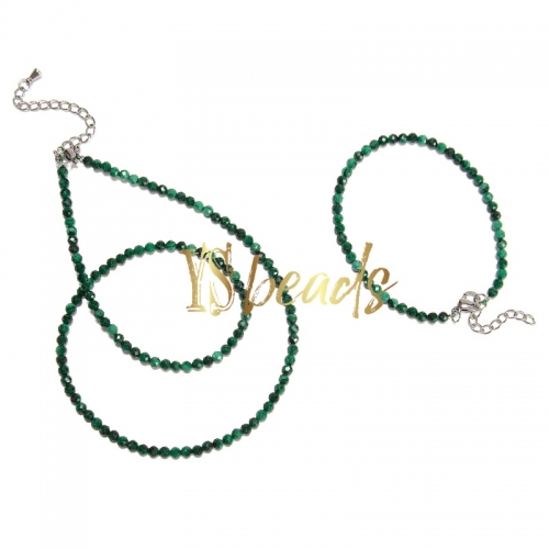 Malachite Faceted Round 3mm Bead Jewelry Set, Necklace, Bracelet