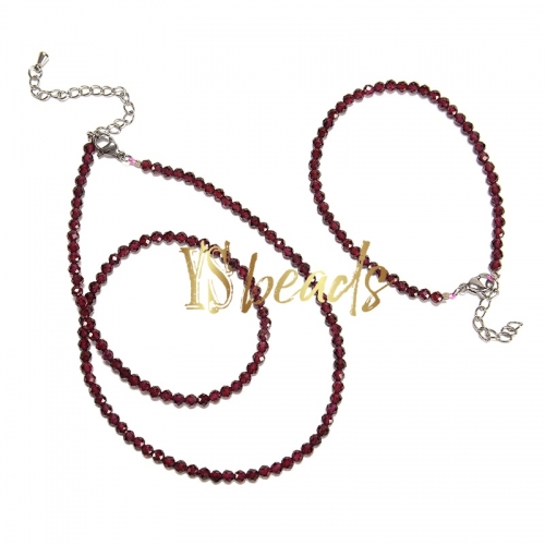 Garnet Faceted Round 3mm Bead Jewelry Set, Necklace, Bracelet