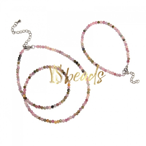 Mixed Color Tourmaline Faceted Round 3mm Bead Jewelry Set, Necklace, Bracelet
